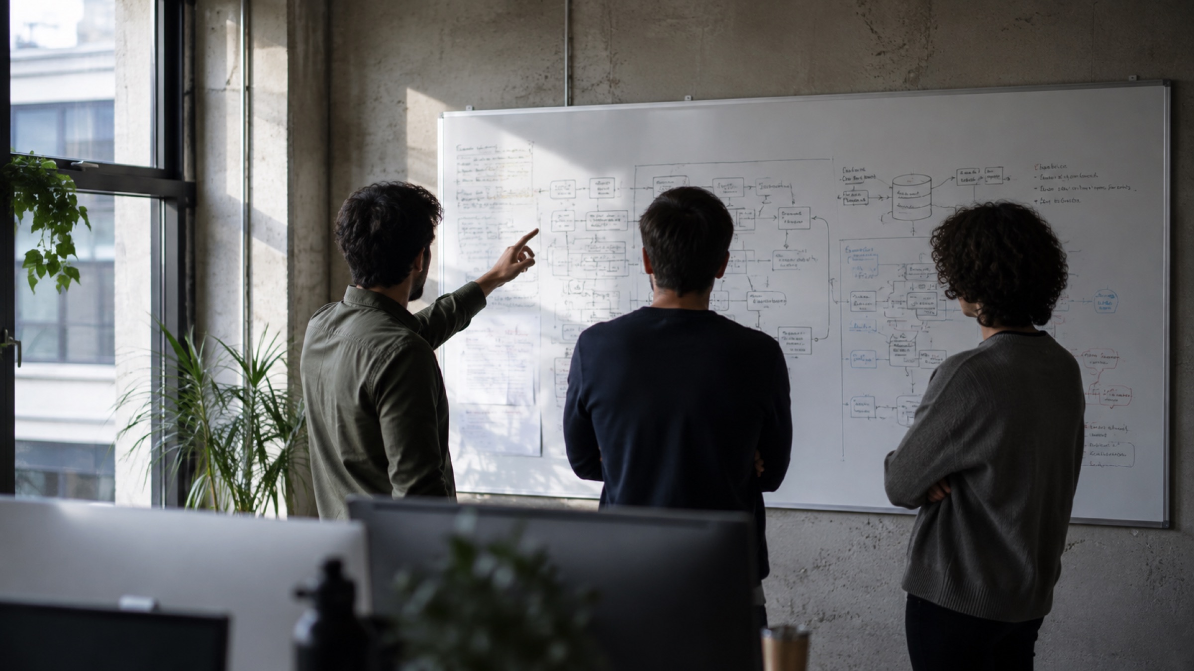 Engineers working through system architecture at a whiteboard